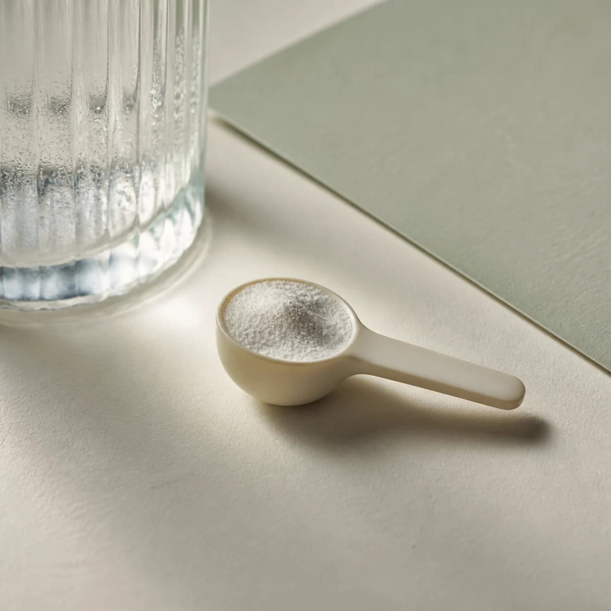 Concept photograph of fine L-theanine powder beside a glass of water.